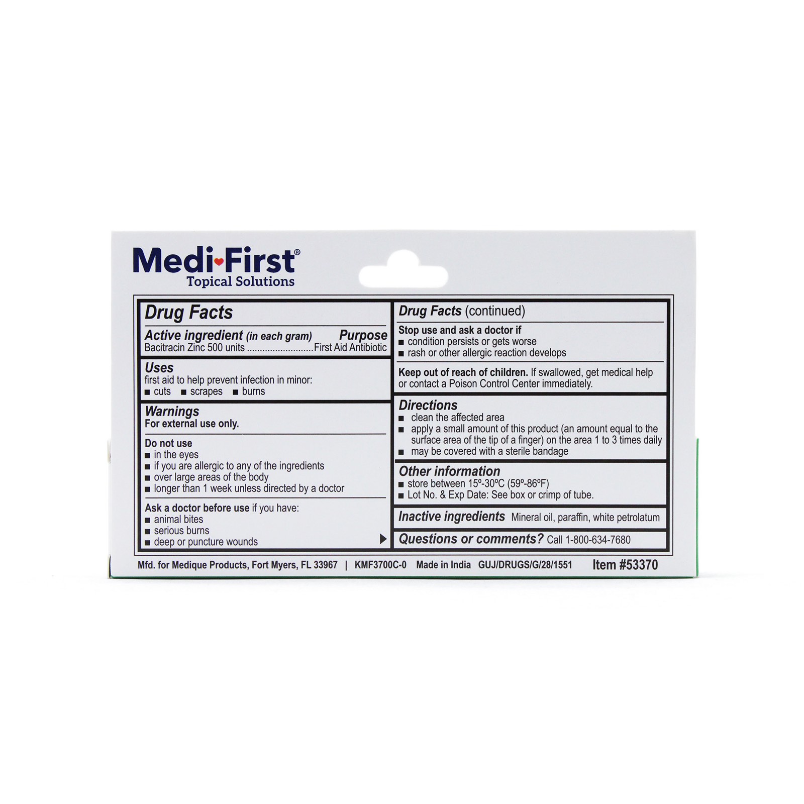 Drug Facts panel for Medi-First Bacitracin Zinc 500 Units Ointment