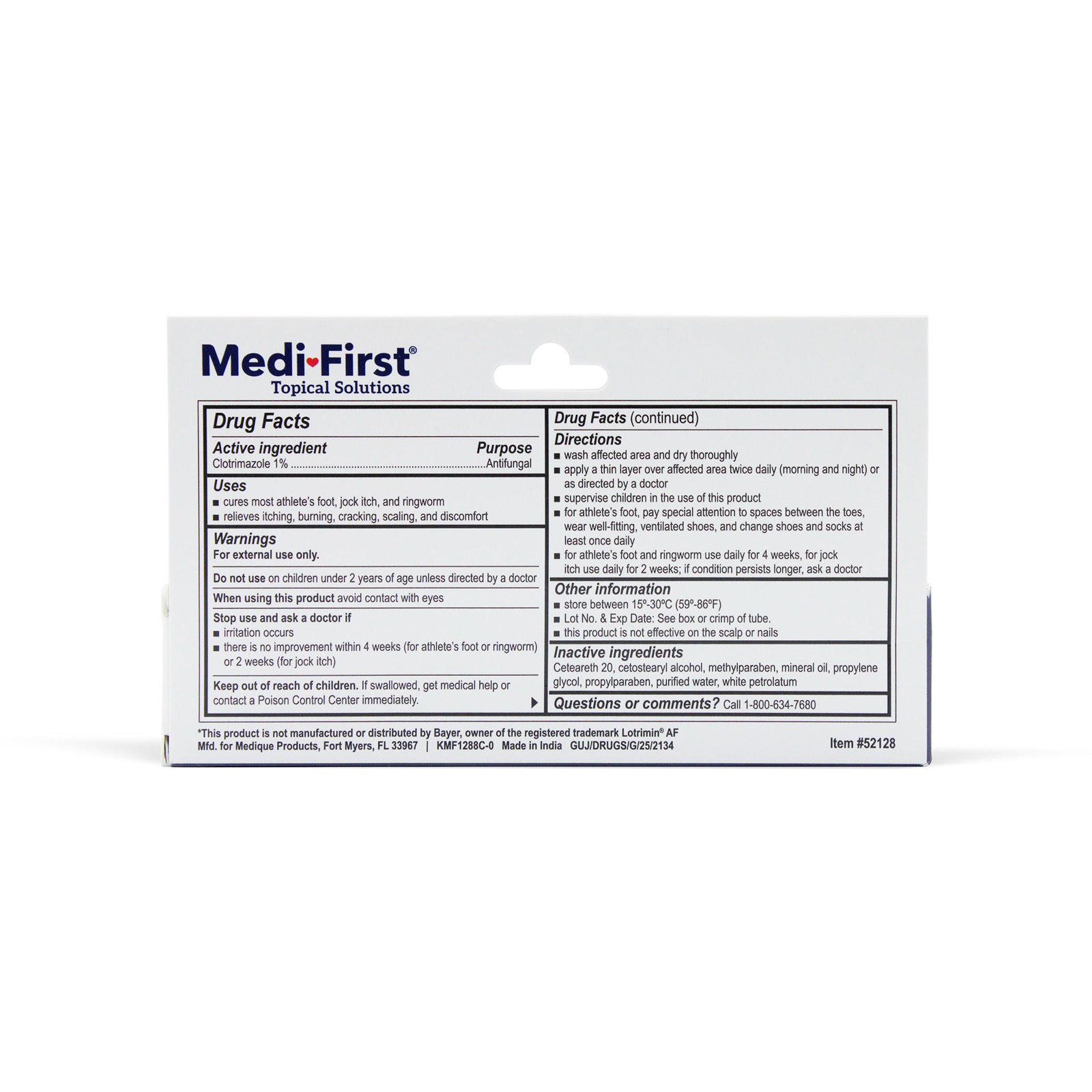 Drug Facts panel for Medi-First Clotrimazole 1% Antifungal Cream