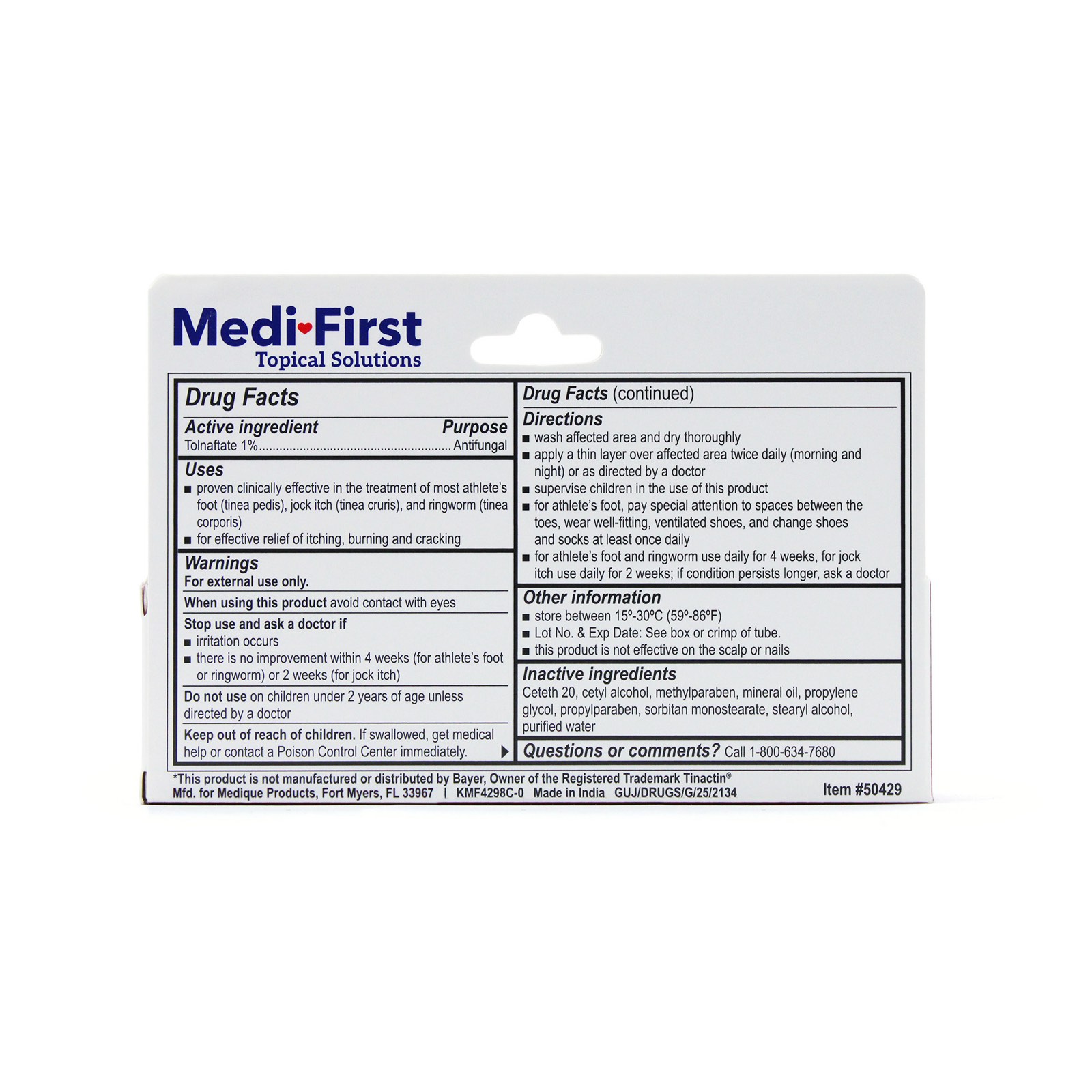 Drug Facts panel for Medi-First Tolnaftate 1% Antifungal Cream